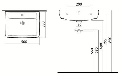 Keramični pohištveni umivalnik Kolo Rekord 50 x 38 cm v beli barvi z odprtino pro armaturo na sredini.
