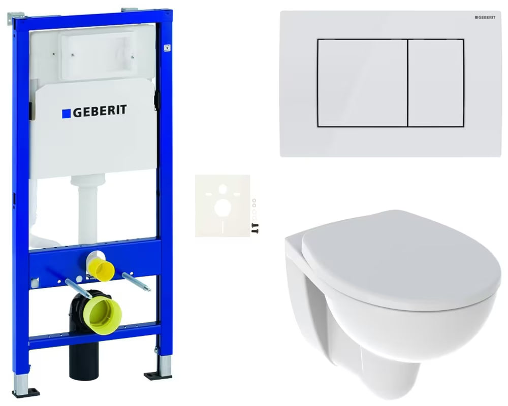 Viseči WC set Kolo Rekord z modulom Geberit Duofix, brezrobno školjko in upravljalno tipko v beli barvi.