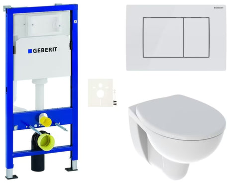 Viseči WC set Kolo Rekord z modulom Geberit Duofix, brezrobno školjko in upravljalno tipko v beli barvi.