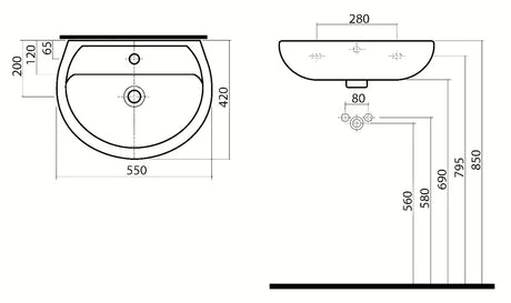 Ovalni viseče bijeli keramički umivaonik Kolo Rekord s otvorom za pro slavinu u sredini.