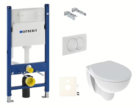 Viseči WC set Kolo Rekord s podžbuknim modulom Geberit, tipkom Delta i sjedalom mehko Zapiranje Soft Close u bijeloj boji.