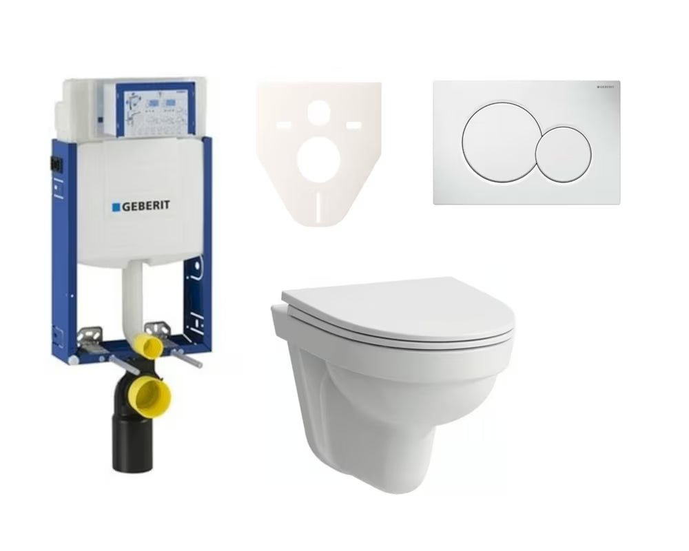 Viseči WC set Laufen Pro Nordic s podometnim splakovalnikom Geberit Kombifix in belim tipkalom za splakovanje.