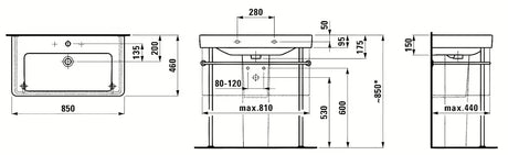 Pohištveni umivalnik Laufen Pro S 85x46 cm iz sijajne bele keramike z odprtino pro armaturo na sredini.