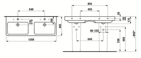 Beli keramični dvojni umivalnik Laufen Pro S 120 x 46 cm z dvema odprtinama pro za armaturo