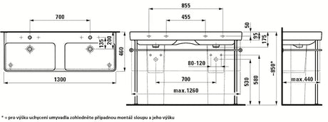 Beli keramični dvojni umivalnik Laufen Pro S 130x46 cm pro za vgradnjo v kopalniško pohištvo