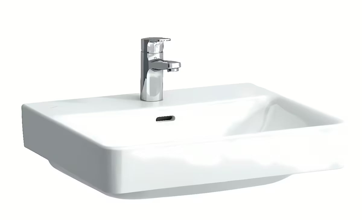 Bel viseče keramični umivalnik Laufen Pro S 55x46,5 cm z odprtino pro armaturo na sredini in prelivom.