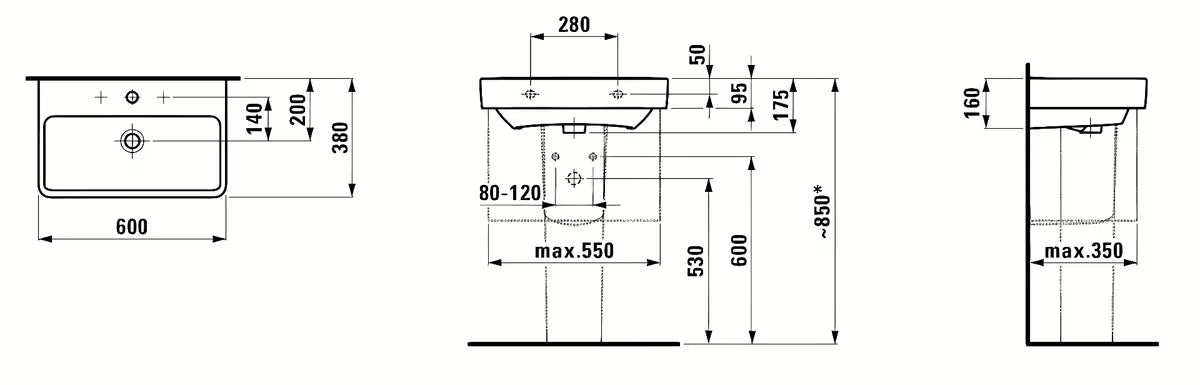 Viseči umivalnik Laufen Pro S 60x38 cm v beli izvedbi s prelivom in odprtino pro za armaturo na sredini