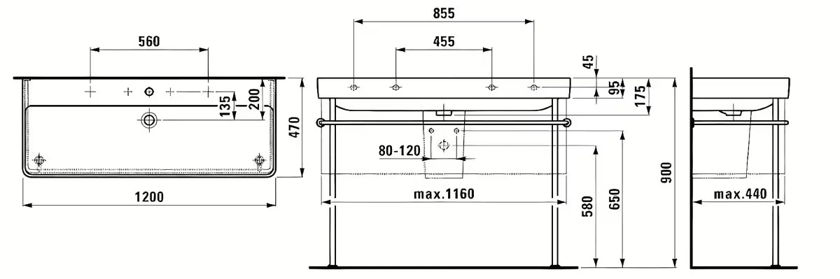 Bel viseče dvojni umivalnik Laufen Pro S 120x46 cm iz sanitarne keramike z dvema odprtinama pro armaturo.