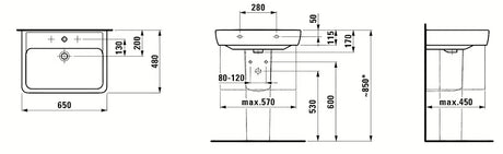 Viseče keramički umivaonik Laufen Pro A 65 x 48 cm u bijeloj boji s otvorom pro slavinu u sredini.