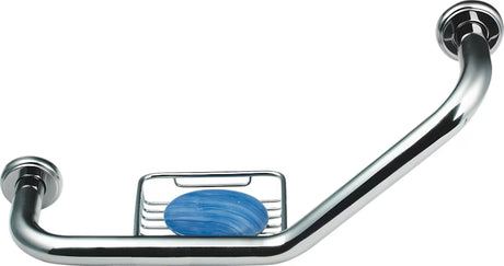 Kotno zidni ročaj SIKO Multi Chrome od nehrđajućeg čelika s integriranom posudicom za sapun pro sigurnije kretanje u kupaonici.
