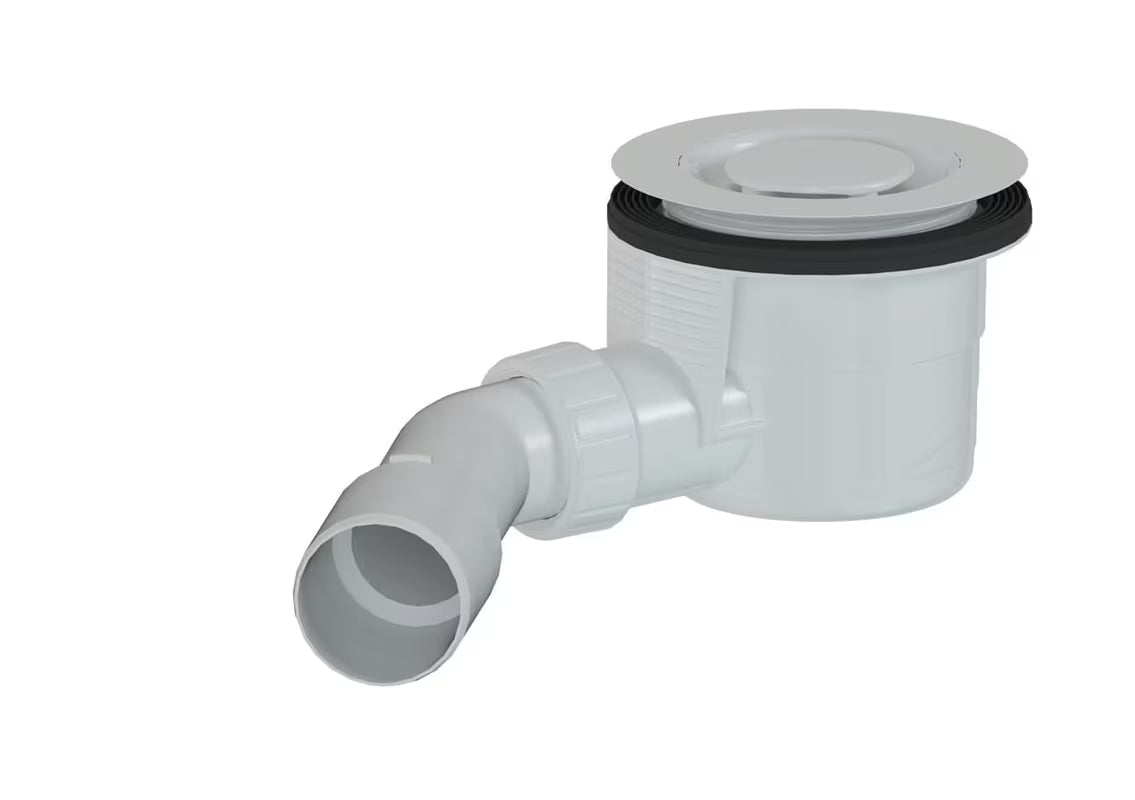 Bijeli dizajnerski sifon za tuš kadu s pokrovčkom, koji ne strši iznad površine kade.