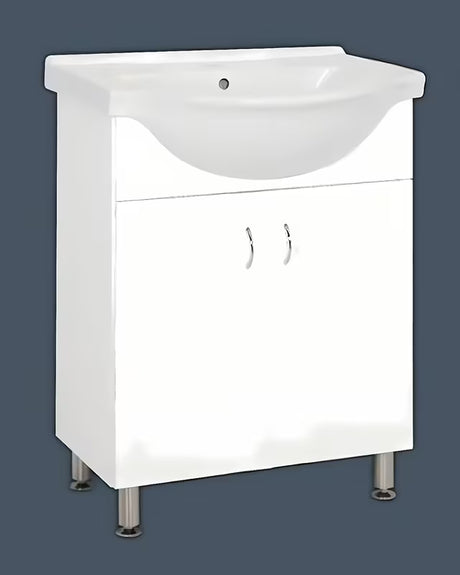 Bijela kopalniška omarica Multi Pro s keramičkim umivaonikom širine 66 cm i nogicama od nehrđajućeg čelika