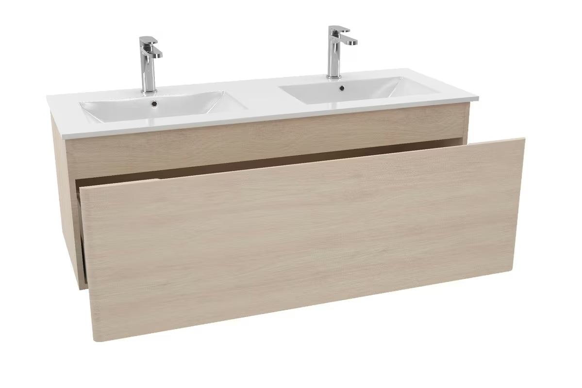 Omarica Naturel Ancona s keramičnim dvojnim umivalnikom 120x46 cm v dekorju akacije