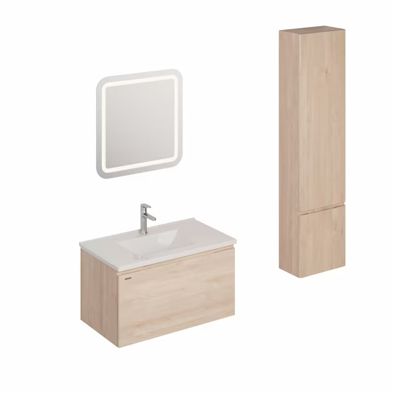 Koupalniški sestav Naturel Ancona u dekoru akacije s keramičkim umivaonikom, ormarićima, slavinom i LED ogledalom.