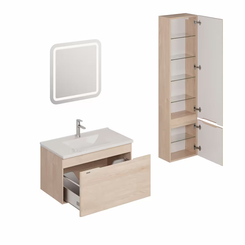 Koupalniški sestav Naturel Ancona u dekoru akacije s keramičkim umivaonikom, ormarićima, slavinom i LED ogledalom.