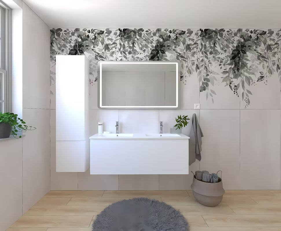 Viseča koupalniški sestav Naturel Ancona v beli barvi z dvojnim umivalnikom in LED ogledalom