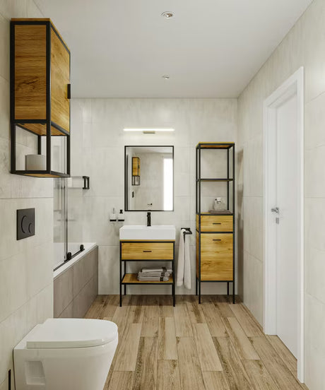 Stoječa regal Naturel Blackframe s crnim metalnim okvirom i MDF pločom u dekoru javora.