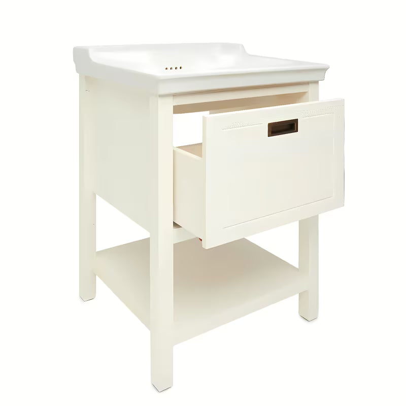 Bijeli stoječa ormarić Naturel Country s keramičkim umivaonikom od masivne borovine s četkanom površinom