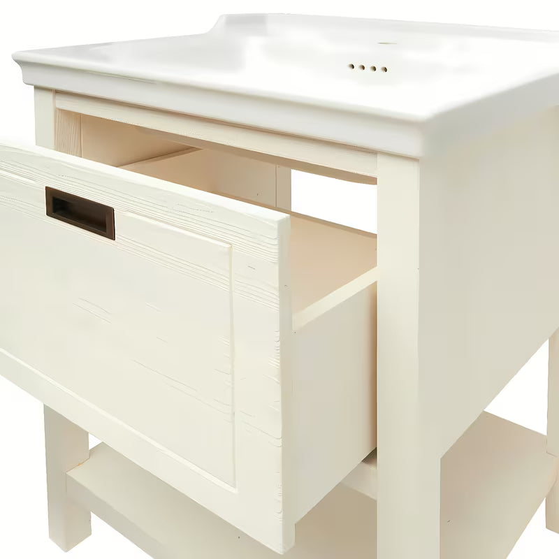 Bijeli stoječa ormarić Naturel Country s keramičkim umivaonikom od masivne borovine s četkanom površinom