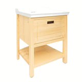 Smeđi stoječa ormarić s keramičkim umivaonikom Naturel Country od masivne borovine s četkanom površinom