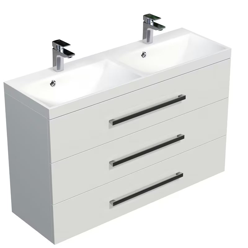 Viseča kopalniška omarica Naturel Cube Way z dvojnim umivalnikom od lijevanog mramora u bijeloj boji sa sjajem