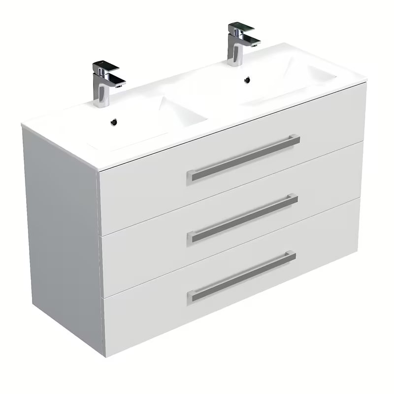 Viseča kopalniška omarica s keramičkim umivaonikom SAT Cube Way u bijelom sjaju s tri ladice