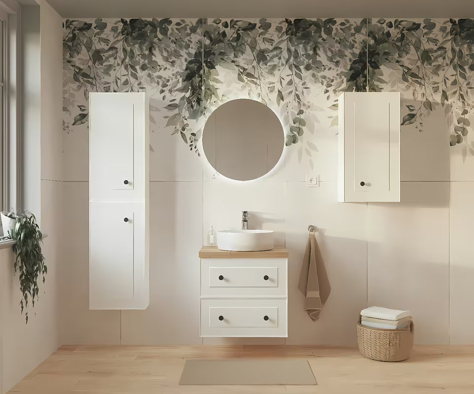 Bijela viseča omarica pod umivalnikom Naturel Forli s pločom u dekoru hrasta Halifax