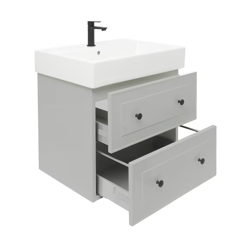 Sivo-mat kopalniška omarica Naturel Forli s keramičkim umivaonikom modernog, jednostavnog dizajna.