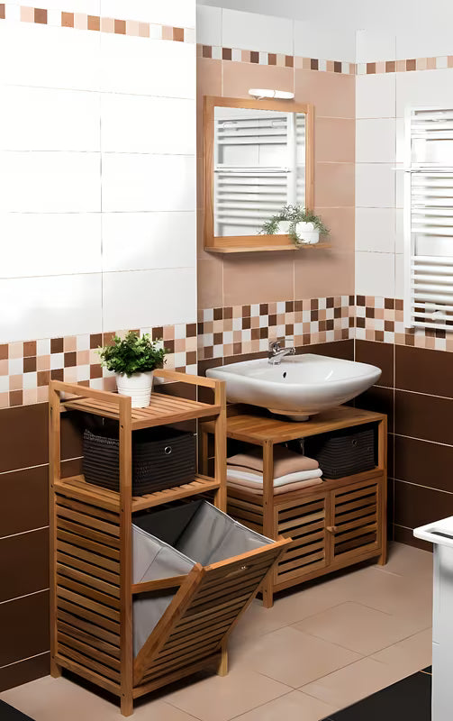 Stoječa koš za perilo Naturel Home v dekorju oreha z mat površino in odstranljivim sivim tekstilnim vložkom.