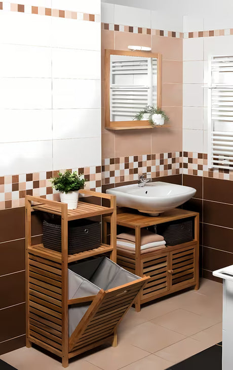 Stoječa koš za perilo Naturel Home v dekorju oreha z mat površino in odstranljivim sivim tekstilnim vložkom.
