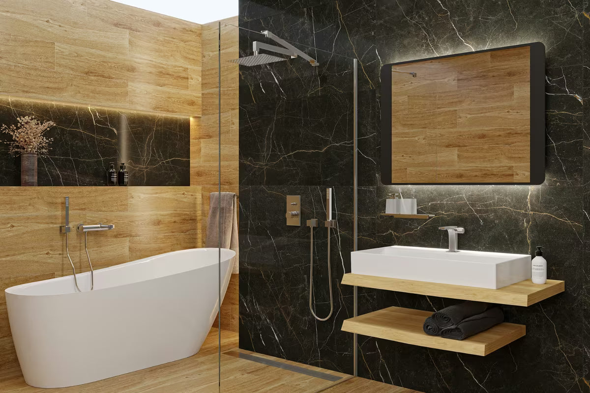 Crno kupaonsko LED ogledalo Naturel 80x60 cm s neizravnim LED osvjetljenjem u mat aluminijskom okviru