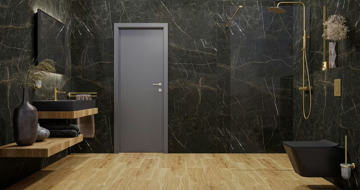 Crno kupaonsko LED ogledalo Naturel 80x60 cm s neizravnim LED osvjetljenjem u mat aluminijskom okviru