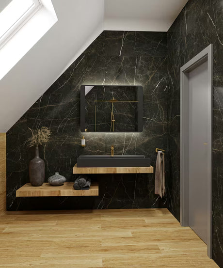 Crno kupaonsko LED ogledalo Naturel 80x60 cm s neizravnim LED osvjetljenjem u mat aluminijskom okviru