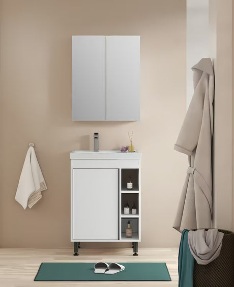 Koupalniški sestav Naturel Lucca v beli sijajni barvi z omarico in umivalnikom iz litega marmorja 59x70x45 cm.