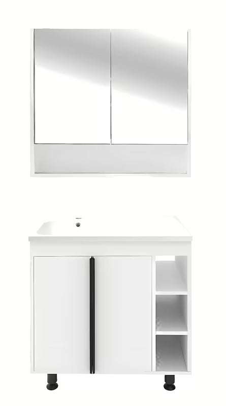 Bela sijajna kopalniška omarica Naturel Lucca z umivalnikom iz litega marmorja 79x70x45 cm.