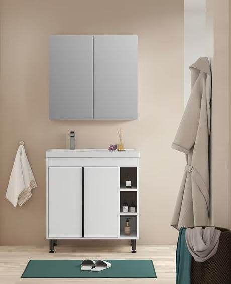 Bela sijajna kopalniška omarica Naturel Lucca z umivalnikom iz litega marmorja 79x70x45 cm.