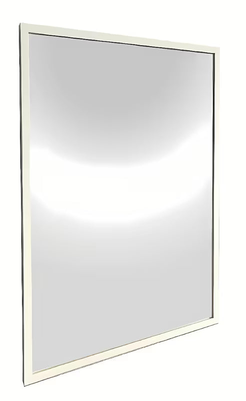 Kopalniško ogledalo z belim aluminijastim okvirjem, primerno pro za navpično ali vodoravno obešanje, 60 x 80 cm.