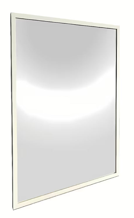 Kopalniško ogledalo z belim aluminijastim okvirjem, primerno pro za navpično ali vodoravno obešanje, 60 x 80 cm.