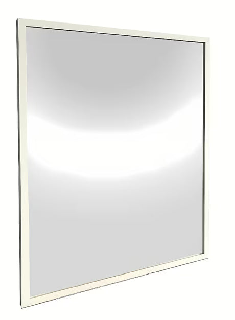 Kopalniško ogledalo z belim aluminijastim okvirjem, primerno za navpično ali vodoravno obešanje, 80 x 80 cm.