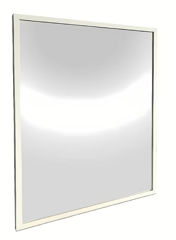 Kupaonsko ogledalo s bijelim aluminijskim okvirom, prikladno za okomito i vodoravno vješanje, 80 x 80 cm.