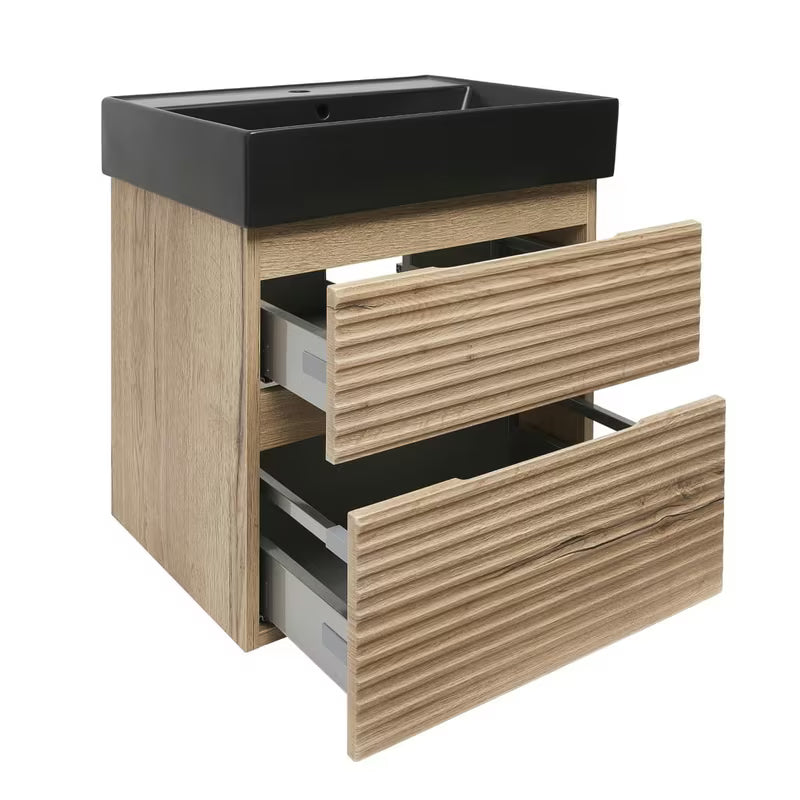 Viseča kopalniška omarica Naturel Savona s keramičnim umivalnikom v dekorju hrast halifax