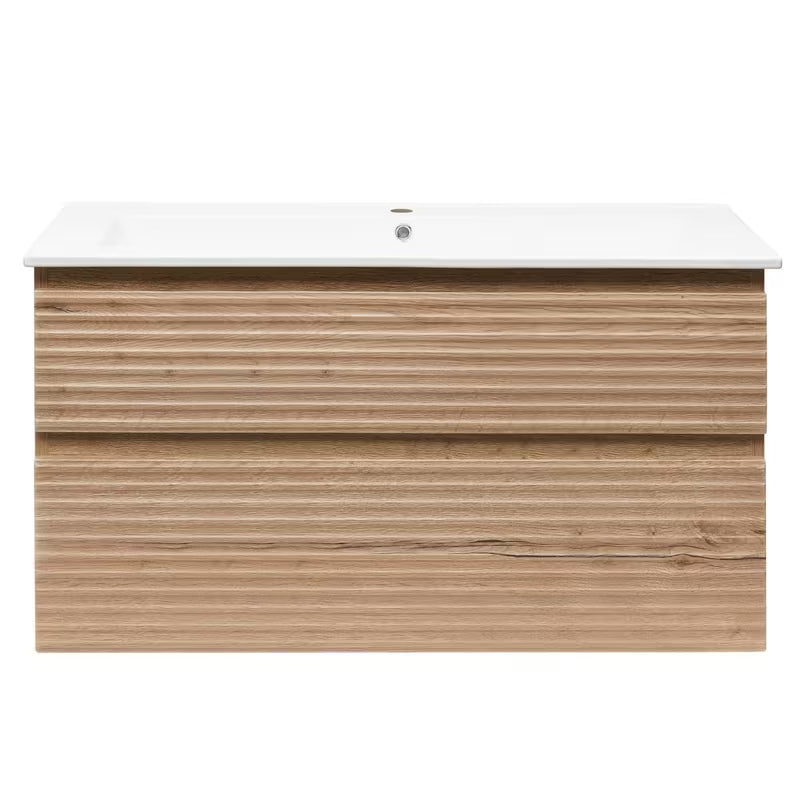 Viseča kopalniška omarica Naturel Savona s keramičkim umivaonikom u dekoru hrasta halifax