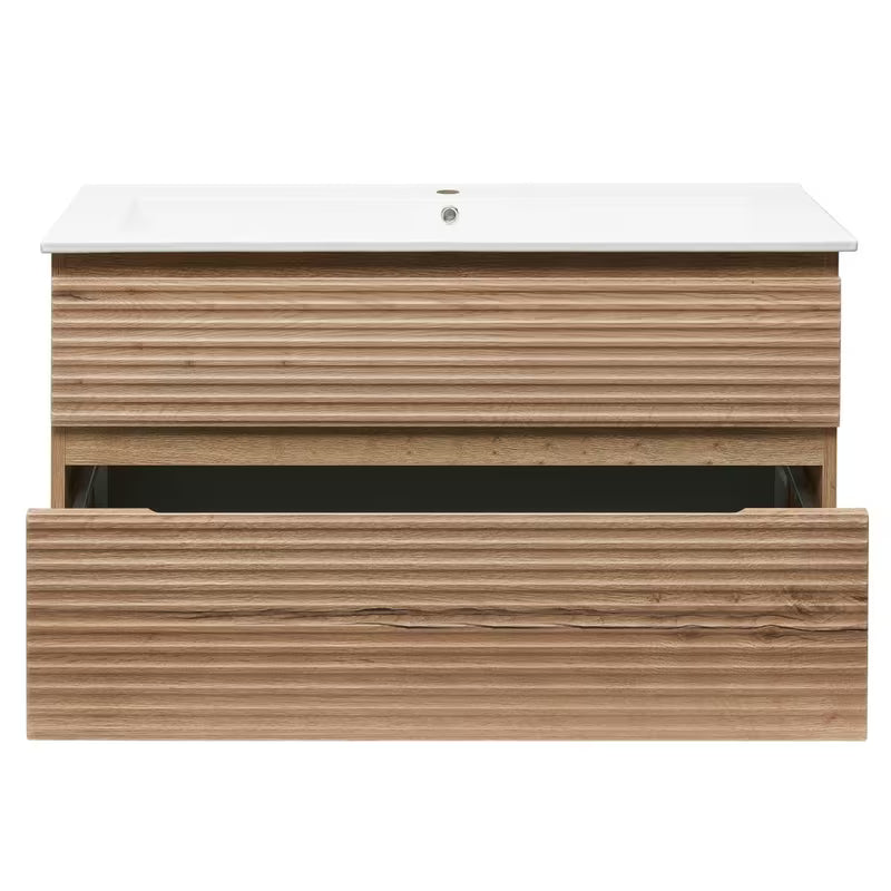 Viseča kopalniška omarica Naturel Savona s keramičkim umivaonikom u dekoru hrasta halifax