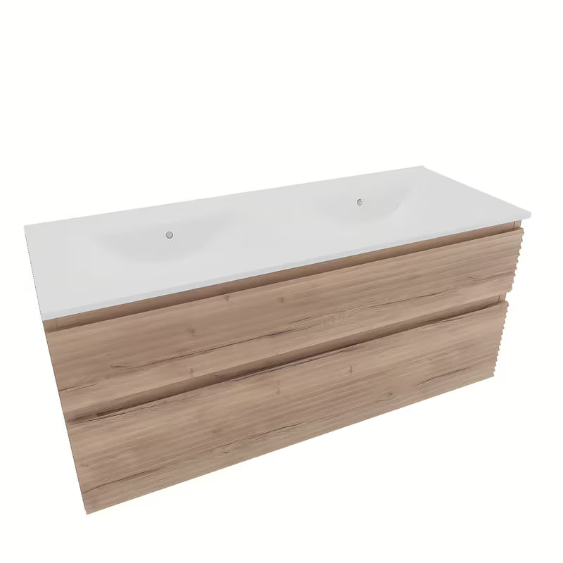 Viseča kopalniška omarica Naturel Savona s keramičkim dvostrukim umivaonikom u dekoru hrasta Halifax.