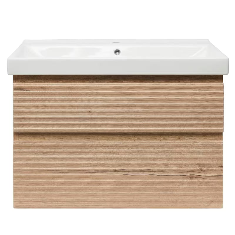 Viseča kopalniška omarica Naturel Savona s keramičkim umivaonikom u dekoru hrasta halifax mat