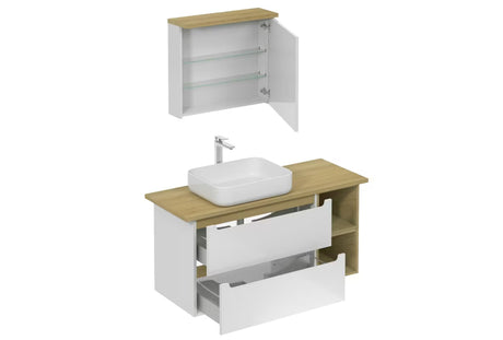 Koupalniški sestav Naturel Stilla u bijelom sjaju z umivalnikom na pult i elementima u dekoru bukve tartuf