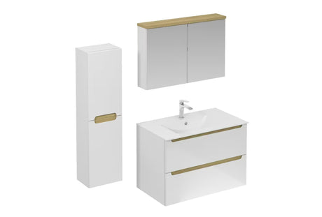 Koupalniški sestav Naturel Stilla u bijelom sjaju s visećim ormarićem, umivaonikom i ogledalskim ormarićem.