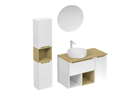 Koupalniški sestav Naturel Stilla u bijelom sjaju z umivalnikom na pult i elementima u boji bukve tartuf.