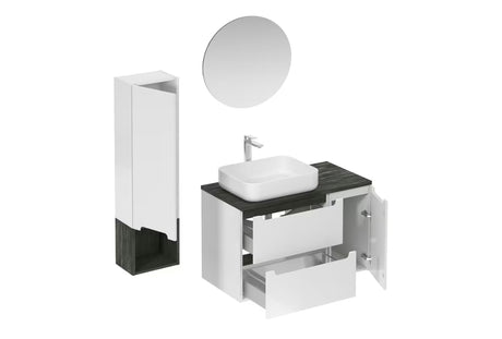 Koupalniški sestav Naturel Stilla u sjajno bijeloj boji z umivalnikom na pult i elementima u dekoru crnog betona.