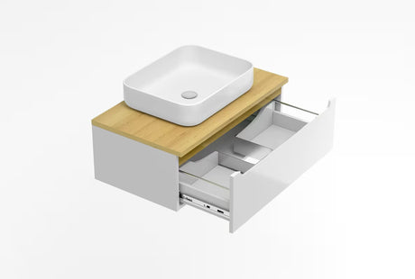 Viseča kopalniška omarica pod umivalnik Naturel Stilla bijela s jednom ladicom i pokrovnom pločom u dekoru bukve.